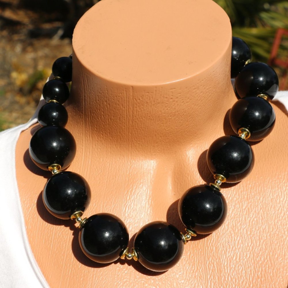 Huge Boho Black Pearl Goldtone Statement Necklace NWT